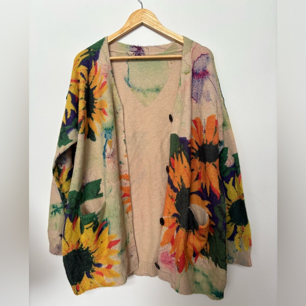 COTTON / WOOL VINTAGE sunflower  floral print cardigan size large